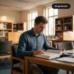 Mann in Businesskleidung studiert konzentriert Lernmaterial an einem Schreibtisch in einer ruhigen Bibliothek im Abendlicht