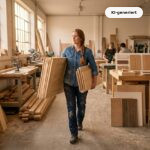 Schreinerin trägt Türrahmen und Möbelteile durch eine Werkstatt, Referenzstücke zeigen Premiumpositionierung durch sichtbare Handwerksqualität